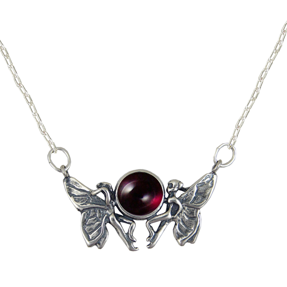 Sterling Silver Pair of Fairies Necklace With Garnet